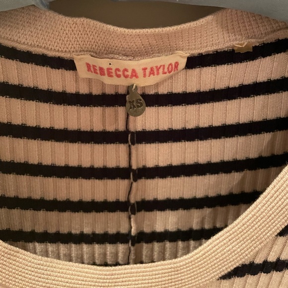 REBECCA TAYLOR white and black knit striped long sleeve knee length midi dress - Picture 6 of 8